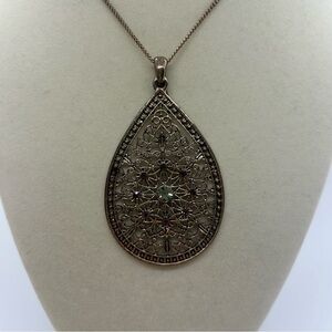 Teardrop Shaped Jeweled Filigree Long Pendant Necklace in Antique Gold